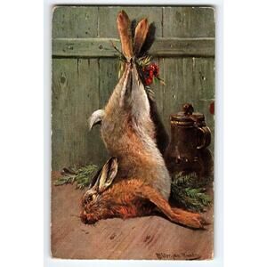Vintage Artist Signed Muller Hunting Hare Postcard 5.5x3.5 in